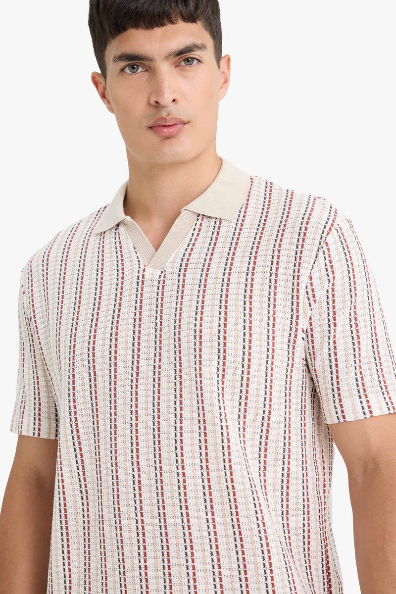 DeFacto Beige Man Regular Fit Short Sleeve Striped Polo T-Shirt Casual - Image 4